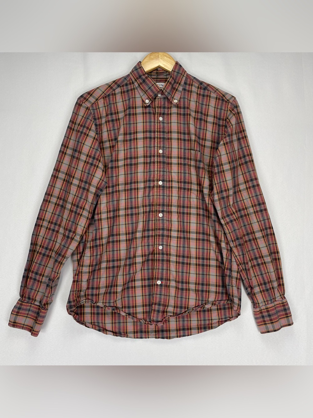 Gustin Shirt Mens M Slim Plaid Red Multicolor Long Sleeve Cotton Button Down